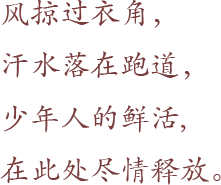 风掠过衣角， 汗水落在跑道， 少年人的鲜活, 在此处尽情释放。 